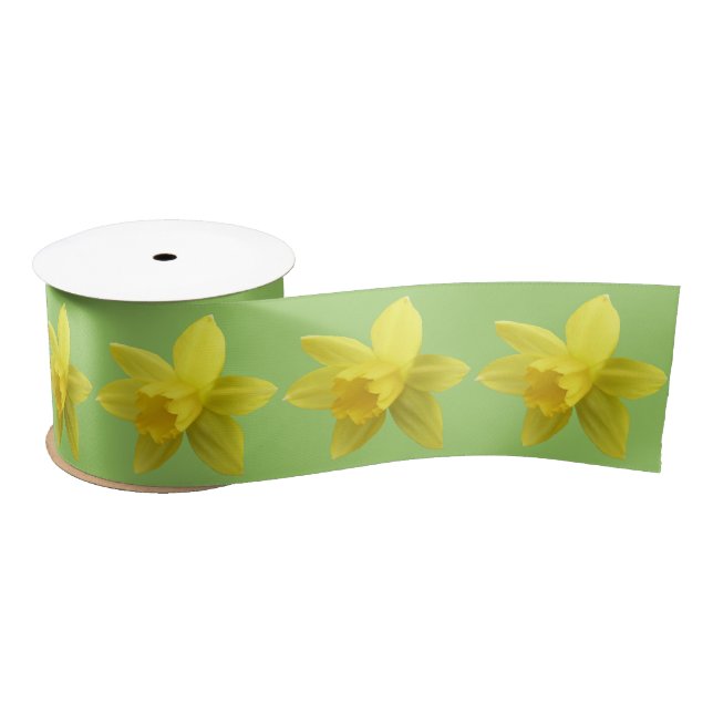 Yellow Daffodils on Light Green Satin Ribbon (Spool)