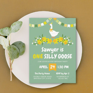 Yellow Daffodils One Silly Goose First Birthday Invitation