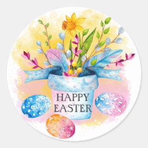 Yellow Daffodils Pink Blue Eggs Happy Easte Classic Round Sticker
