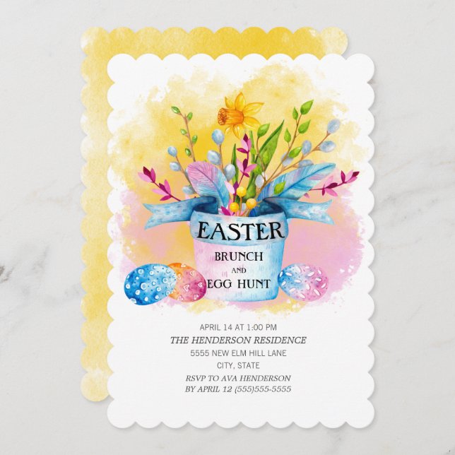 Yellow Daffodils Pink Easter Brunch Egg Hunt Invitation (Front/Back)