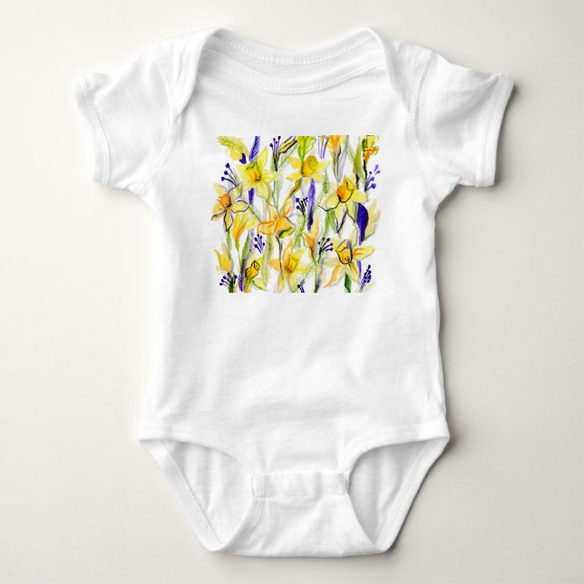 Yellow Daffodils Watercolor Illustration Baby Bodysuit (Front)