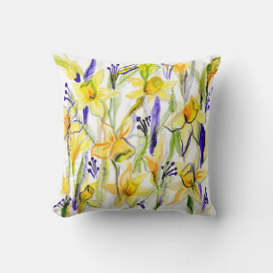 Yellow Daffodils Watercolor Illustration Cushion