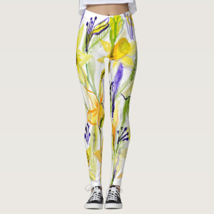 Yellow Daffodils Watercolor Illustration Leggings