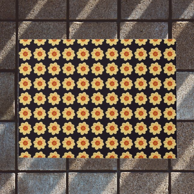 Yellow Dahlia Floral Pattern on Black Doormat (In Situ)