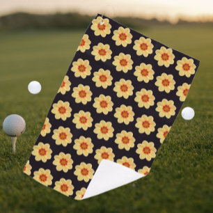 Yellow Dahlia Floral Pattern on Black Golf Towel