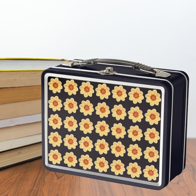 Yellow Dahlia Floral Pattern on Black Metal Lunch Box (In Situ Books)