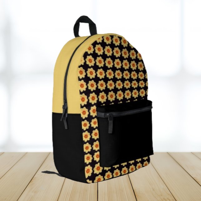 Yellow Dahlia Floral Pattern on Black Printed Backpack (In Situ Angled)