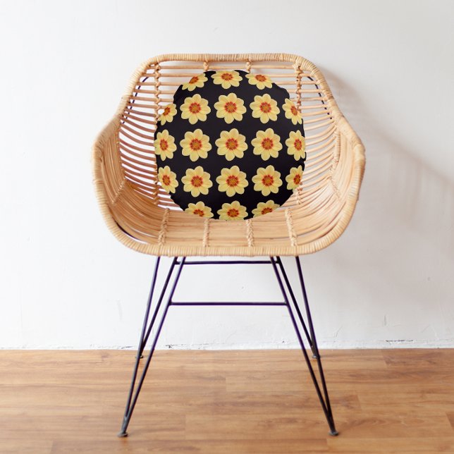 Yellow Dahlia Floral Pattern on Black Round Cushion (In Situ)