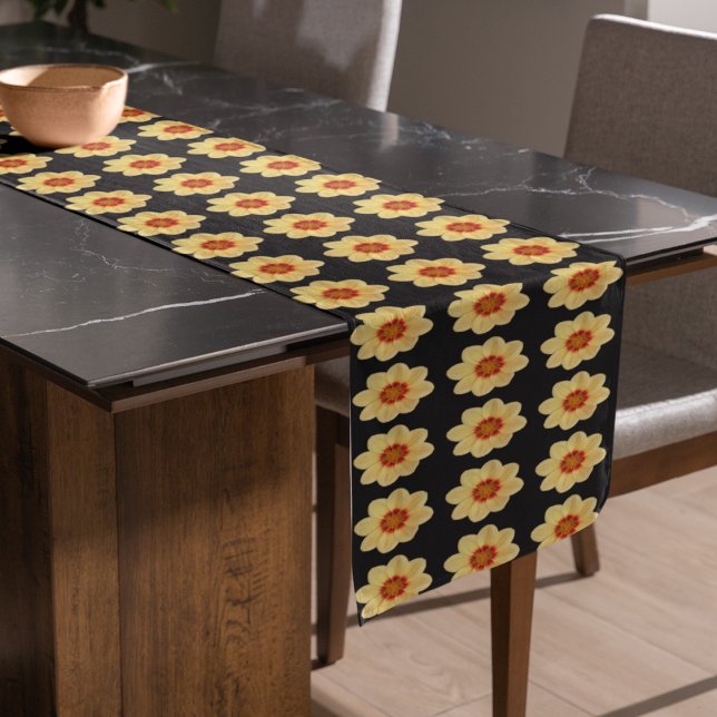 Yellow Dahlia Floral Pattern on Black Short Table Runner (In Situ)