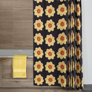 Yellow Dahlia Floral Pattern on Black Shower Curtain
