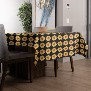 Yellow Dahlia Floral Pattern on Black Tablecloth