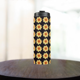 Yellow Dahlia Floral Pattern on Black Thermal Tumbler
