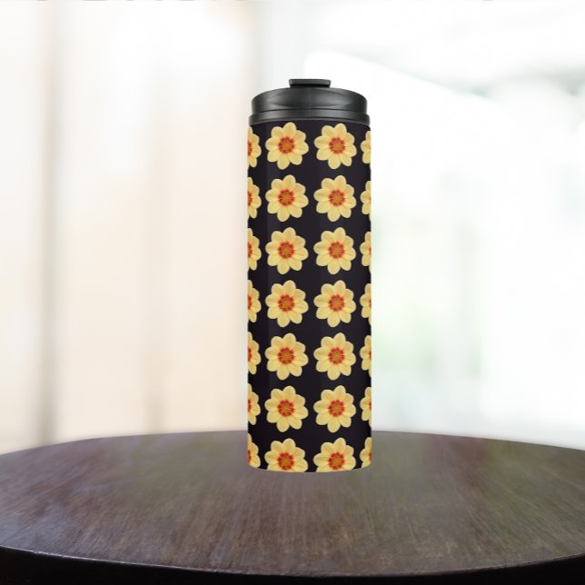 Yellow Dahlia Floral Pattern on Black Thermal Tumbler (In Situ)