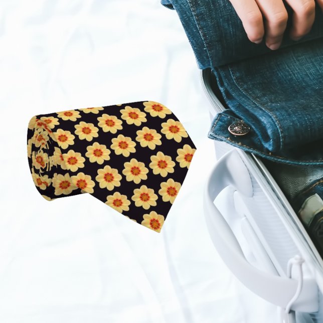 Yellow Dahlia Floral Pattern on Black Tie (In Situ Rolled)