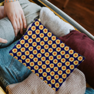 Yellow Dahlia Floral Pattern on Blue Accessory Pouch