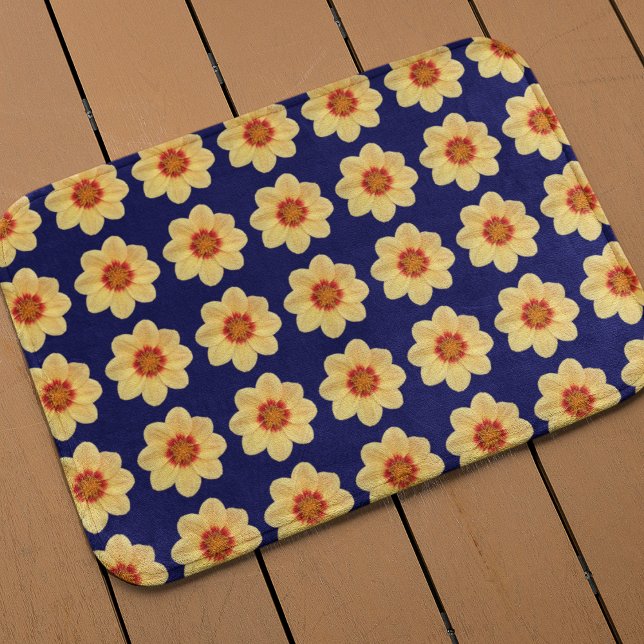 Yellow Dahlia Floral Pattern on Blue Bath Mat (In Situ)