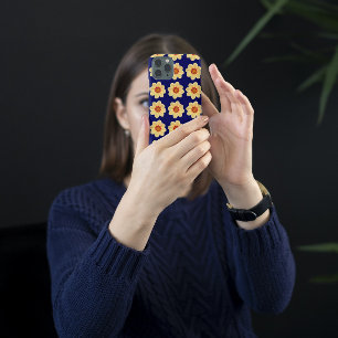 Yellow Dahlia Floral Pattern on Blue iPhone 16 Case