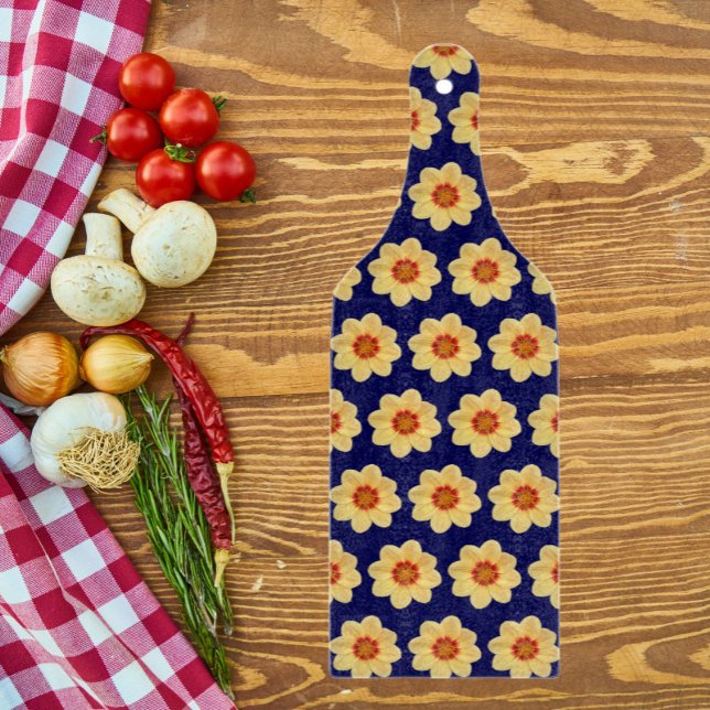 Yellow Dahlia Floral Pattern on Blue Cutting Board (In Situ)