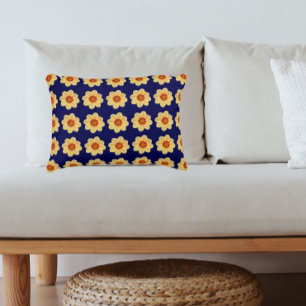 Yellow Dahlia Floral Pattern on Blue Decorative Cushion