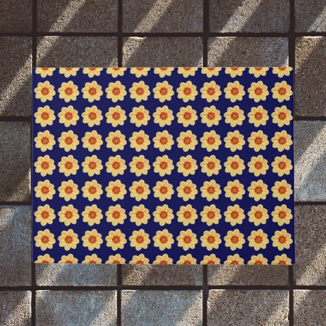 Yellow Dahlia Floral Pattern on Blue Doormat (In Situ)