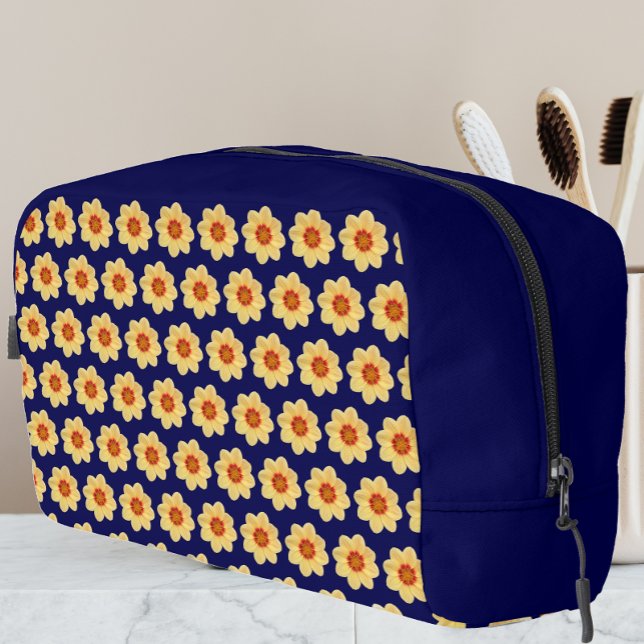 Yellow Dahlia Floral Pattern on Blue Dopp Kit (In Situ)