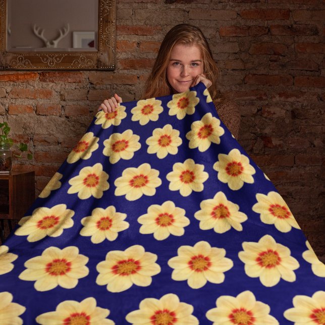 Yellow Dahlia Floral Pattern on Blue Fleece Blanket (In Situ Front)