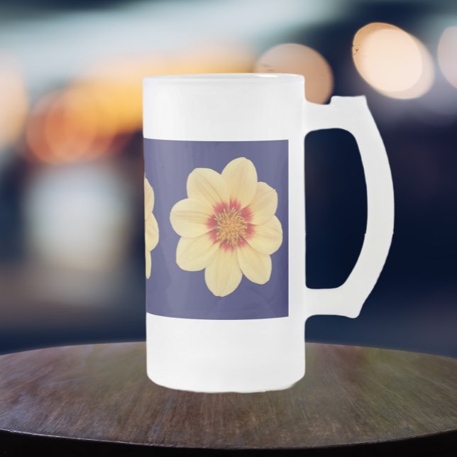 Yellow Dahlia Floral Pattern on Blue Frosted Glass Beer Mug (In Situ)
