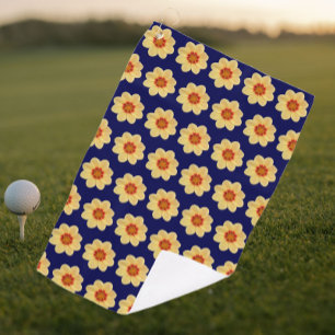 Yellow Dahlia Floral Pattern on Blue Golf Towel