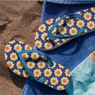 Yellow Dahlia Floral Pattern on Blue Jandals