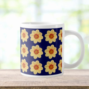 Yellow Dahlia Floral Pattern on Blue Large Coffee Mug
