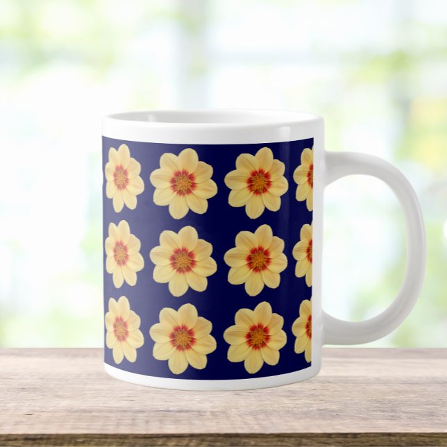 Yellow Dahlia Floral Pattern on Blue Large Coffee Mug (In Situ)
