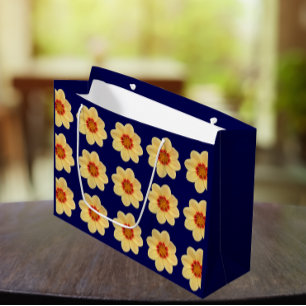 Yellow Dahlia Floral Pattern on Blue Large Gift Bag