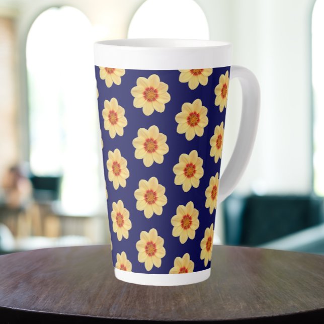 Yellow Dahlia Floral Pattern on Blue Latte Mug (In Situ)