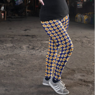 Yellow Dahlia Floral Pattern on Blue Leggings