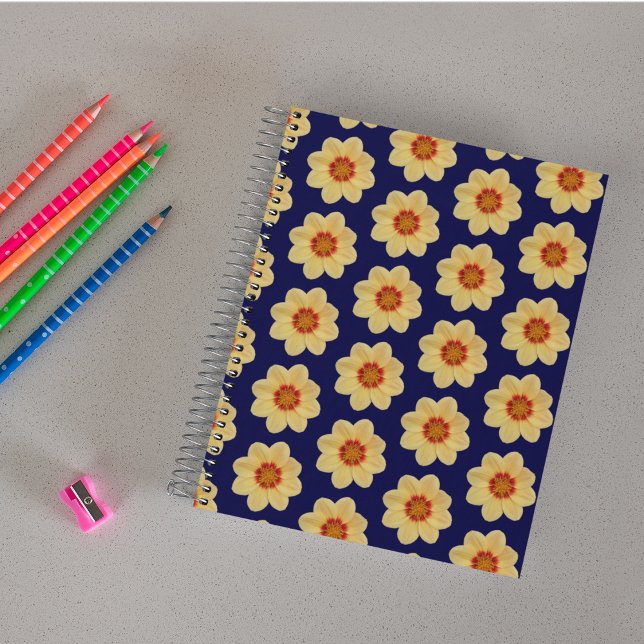 Yellow Dahlia Floral Pattern on Blue Notebook (In Situ)