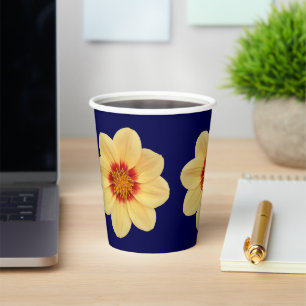Yellow Dahlia Floral Pattern on Blue Paper Cups