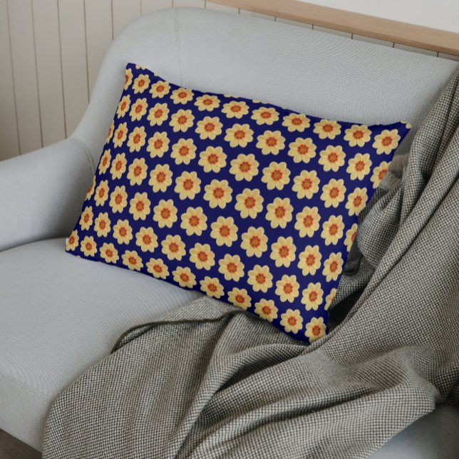 Yellow Dahlia Floral Pattern on Blue Pillowcase (In Situ)