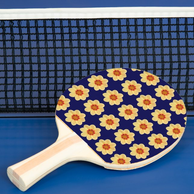 Yellow Dahlia Floral Pattern on Blue Ping Pong Paddle (Insitu)