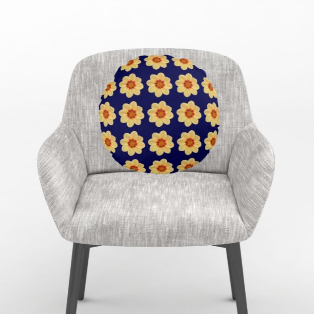 Yellow Dahlia Floral Pattern on Blue Round Cushion (In Situ Chair)