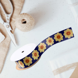 Yellow Dahlia Floral Pattern on Blue Satin Ribbon