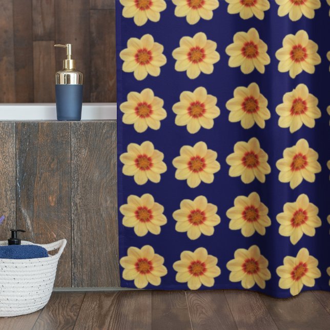 Yellow Dahlia Floral Pattern on Blue Shower Curtain (Creator Uploaded)