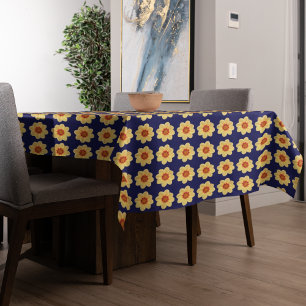 Yellow Dahlia Floral Pattern on Blue Tablecloth
