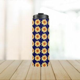 Yellow Dahlia Floral Pattern on Blue Thermal Tumbler