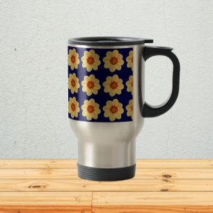Yellow Dahlia Floral Pattern on Blue Travel Mug