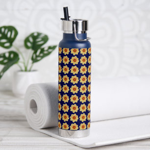 Yellow Dahlia Floral Pattern on Blue Water Bottle
