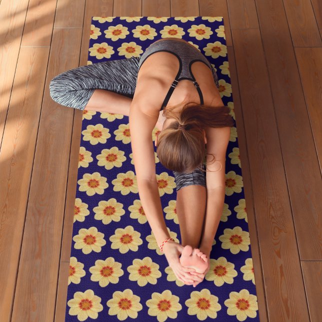 Yellow Dahlia Floral Pattern on Blue Yoga Mat (In Situ (Person on Mat))