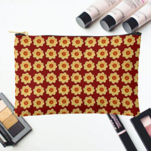 Yellow Dahlia Floral Pattern on Brick Red Accessory Pouch
