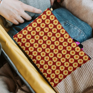 Yellow Dahlia Floral Pattern on Brick Red Accessory Pouch