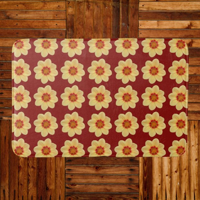 Yellow Dahlia Floral Pattern on Brick Red Bath Mat (In Situ)