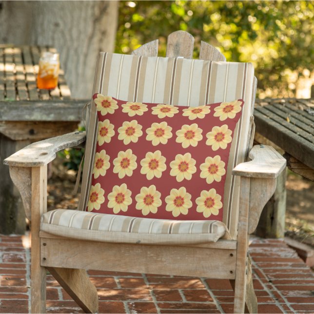 Yellow Dahlia Floral Pattern on Brick Red Cushion (Chair)